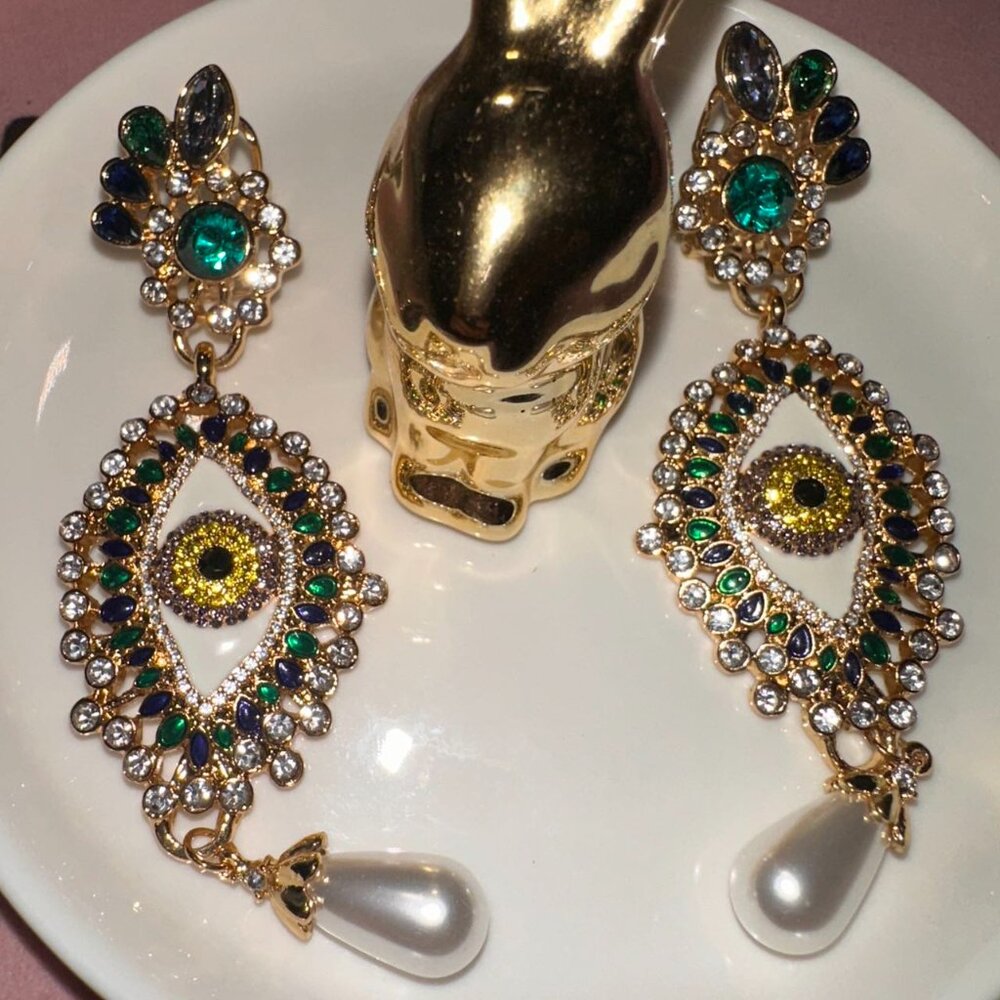 Ornate Evil Eye Gold Tone Statement Earrings with Crystal - Picture 6 of 11